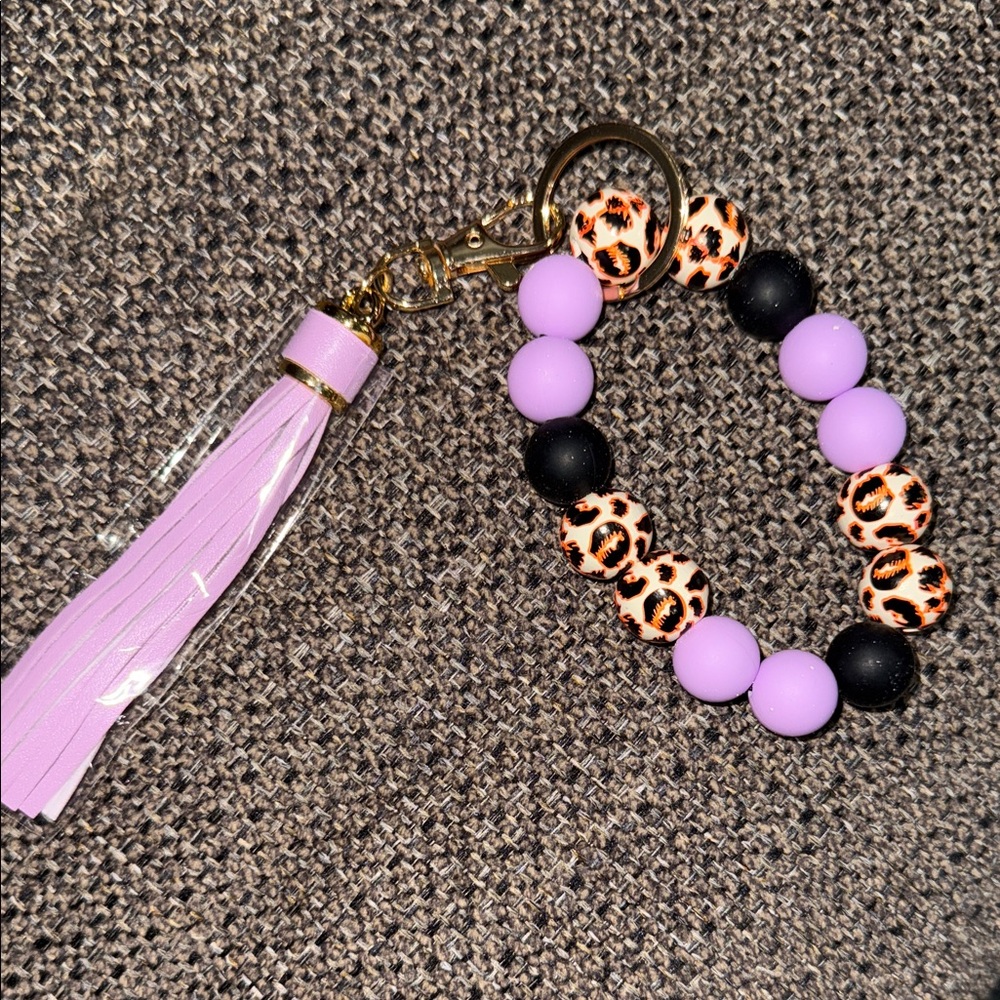 Purple and Leopard Beaded Keychain Bracelet